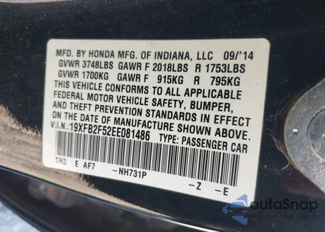 2014 Honda Civic Lx from USA, damaged, VIN 19XFB2F52EE081486